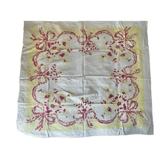 Vintage Floral Tablecloth 37.25" X 33.5" Red & Yellow On White Cotton MCM GUC - Picture 1 of 12